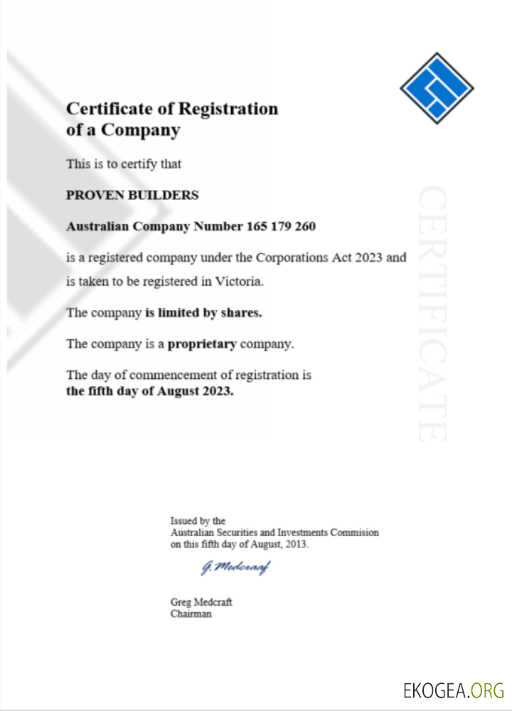 Modèle Word et PDF de certificat d'enregistrement en Australie template Modèle Word et PDF de certificat d'enregistrement en Australie template